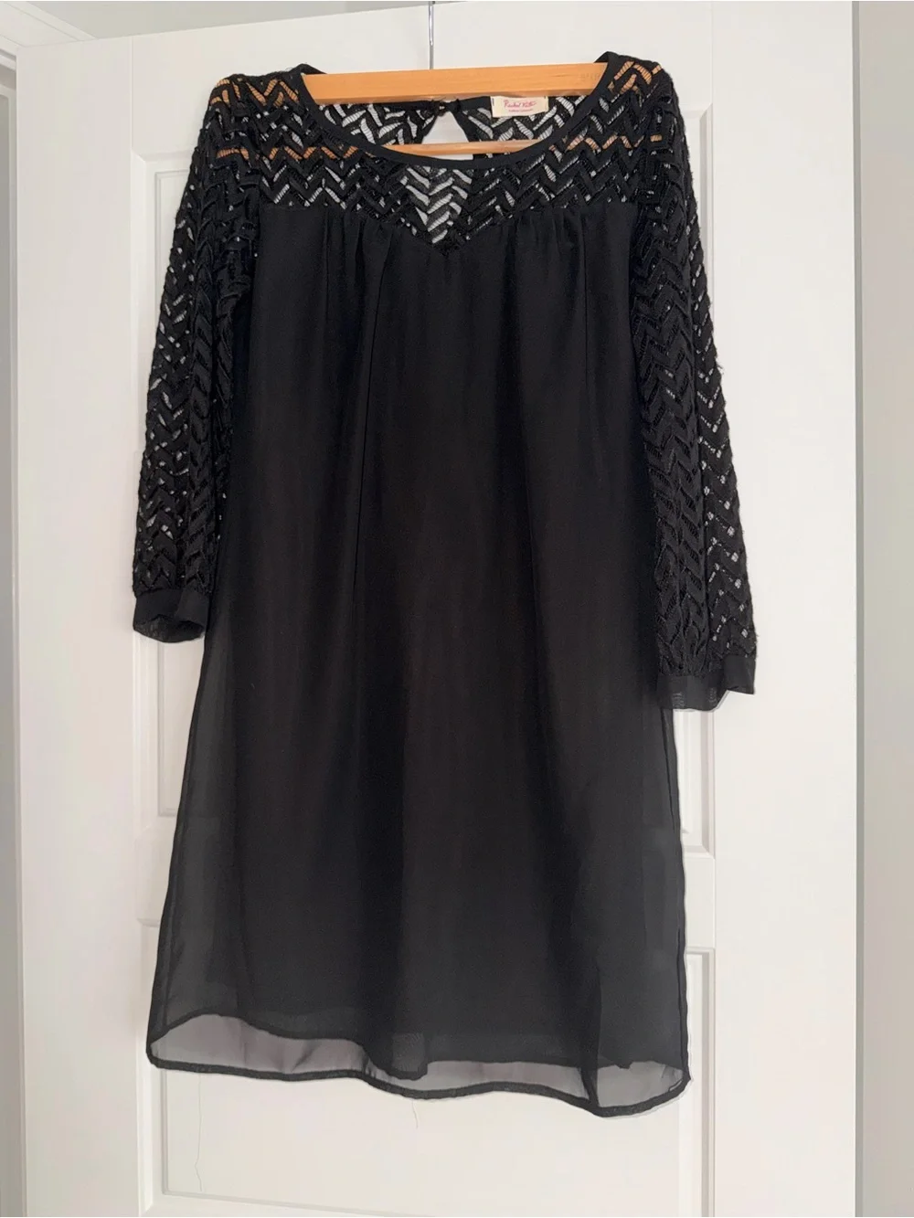 Rachel Kate Black Lace-Yoke Long Sleeve A-Line Dress
